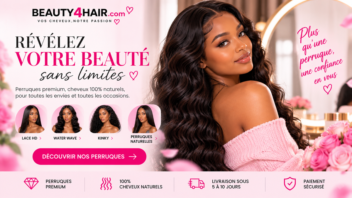 Beauty4Hair — bannière d’accueil rose avec perruques naturelles, Lace HD, Water Wave et Kinky